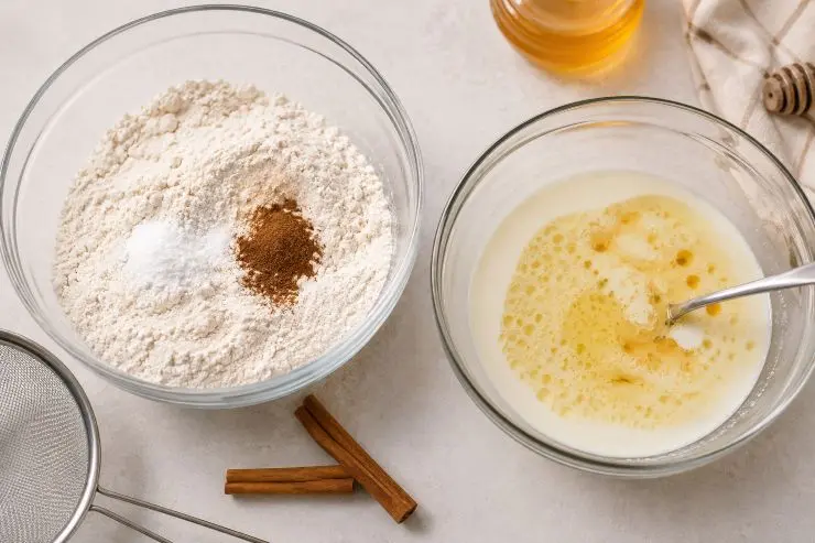 La preparazione dei muffin alle mele con miele e cannella prevede la separazione degli ingredienti solidi da quelli liquidi. Pertanto, in una ciotola capiente mettete la farina setacciata, il lievito setacciato, il sale e la cannella. In un’altra ciotola mescolate il latte con il miele e l’olio.
