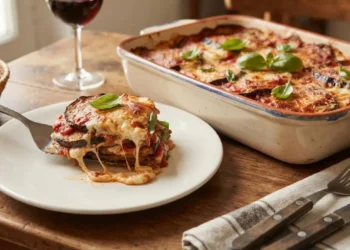 Parmigiana di melanzane classica appena sfornata con fetta filante servita nel piatto