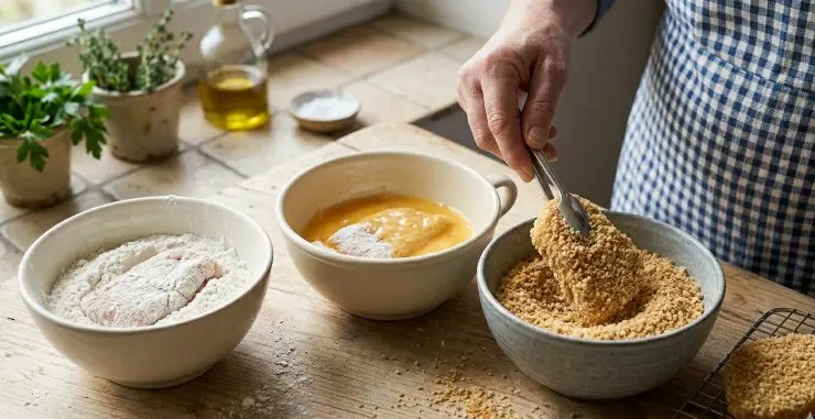 Passate i bocconcini di pollo prima nella farina, poi nell’uovo e infine nel pangrattato. Se preferite una panatura più spessa ripassate i bocconcini di nuovo nell’uovo e poi ancora nel pangrattato.