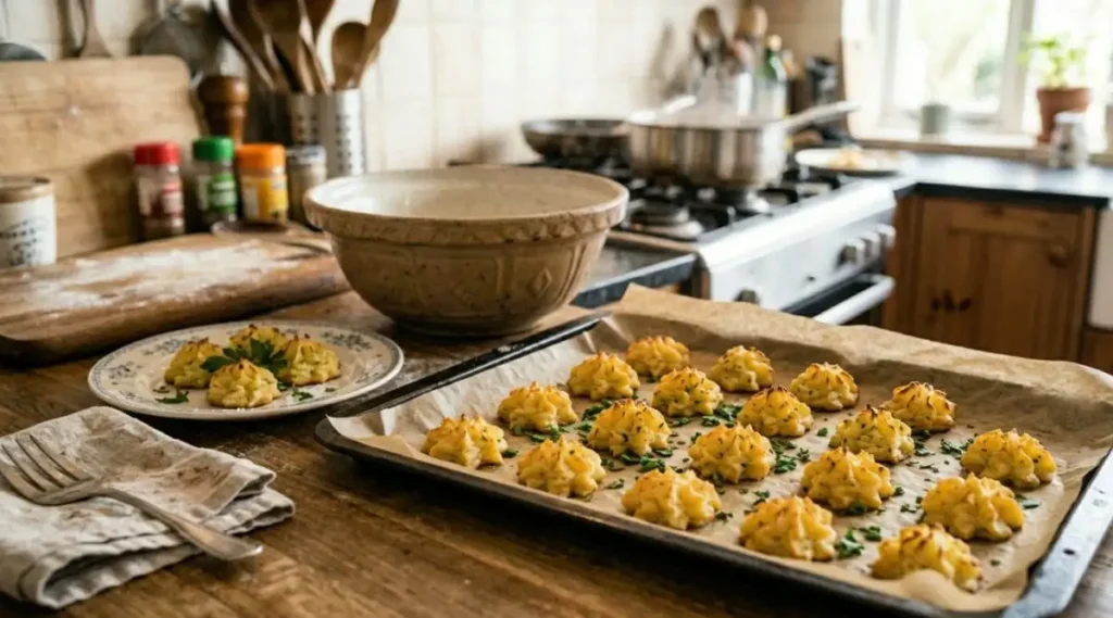 Patate Duchesse dorate e croccanti Teglia con carta forno piena di patate duchesse dorate appena sfornate, guarnite con prezzemolo fresco, in una cucina rustica con piatti e ciotole di ceramica.