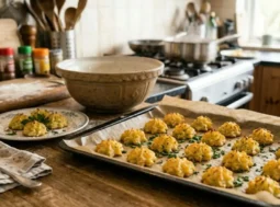 Teglia con carta forno piena di patate duchesse dorate appena sfornate, guarnite con prezzemolo fresco, in una cucina rustica con piatti e ciotole di ceramica.