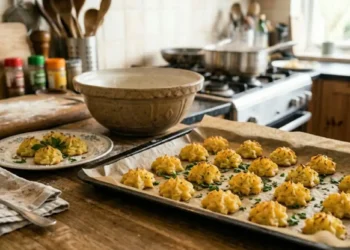 Teglia con carta forno piena di patate duchesse dorate appena sfornate, guarnite con prezzemolo fresco, in una cucina rustica con piatti e ciotole di ceramica.