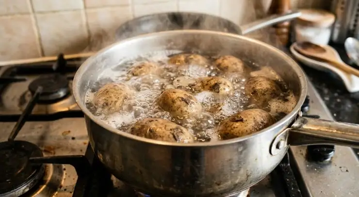 Lavate bene le patate e senza togliere la buccia lessatele in una pentola colma di acqua.
