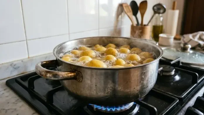 Sbucciate e lavate le patate novelle. Mettetele a bollire in una pentola colma di acqua leggermente salata oppure cuocetele al vapore.