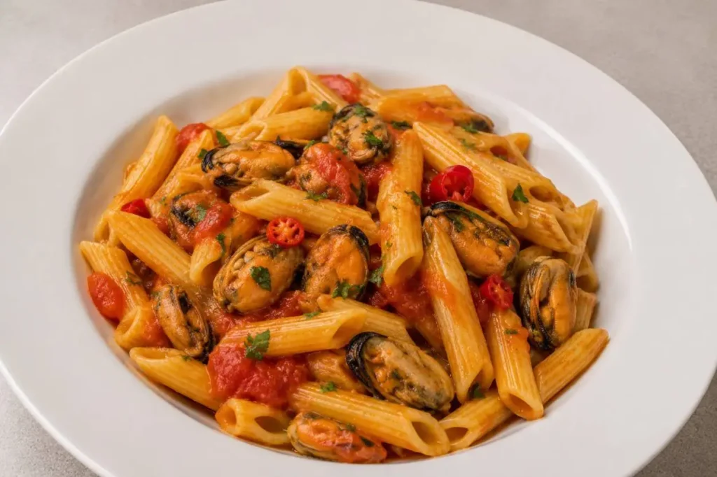 Penne alle cozze al pomodoro pronte da servire Piatto di penne con cozze al sugo di pomodoro, peperoncino e prezzemolo, pronto per essere servito.