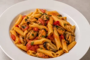 Penne alle cozze al pomodoro pronte da servire Piatto di penne con cozze al sugo di pomodoro, peperoncino e prezzemolo, pronto per essere servito.
