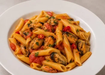 Piatto di penne con cozze al sugo di pomodoro, peperoncino e prezzemolo, pronto per essere servito.