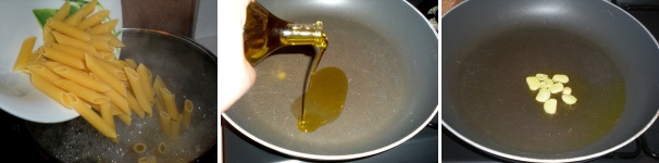 Mettete sul fuoco una pentola con acqua bollente salata. Quando bolle versate le penne rigate e fatele cuocere al dente. Versate l’olio extravergine di oliva in una padella ampia ed antiaderente e lasciatelo scaldare leggermente, quindi aggiungete lo spicchio di aglio a fettine.