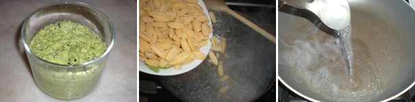 Trasferite il composto in un contenitore di vetro. Fate lessare gli gnocchetti in abbondante acqua bollente salata. Quando sono cotti al dente, prelevate un paio di mestolini di acqua bollente di cottura e versateli in una padella antiaderente. Quindi scolate la pasta.