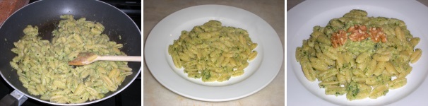 Mescolate per un paio di minuti facendo ben mantecare la pasta al pesto di zucchine. Infine, distribuite gli gnocchetti sardi nei piatti, guarnite con qualche gheriglio di noce e servite subito in tavola.