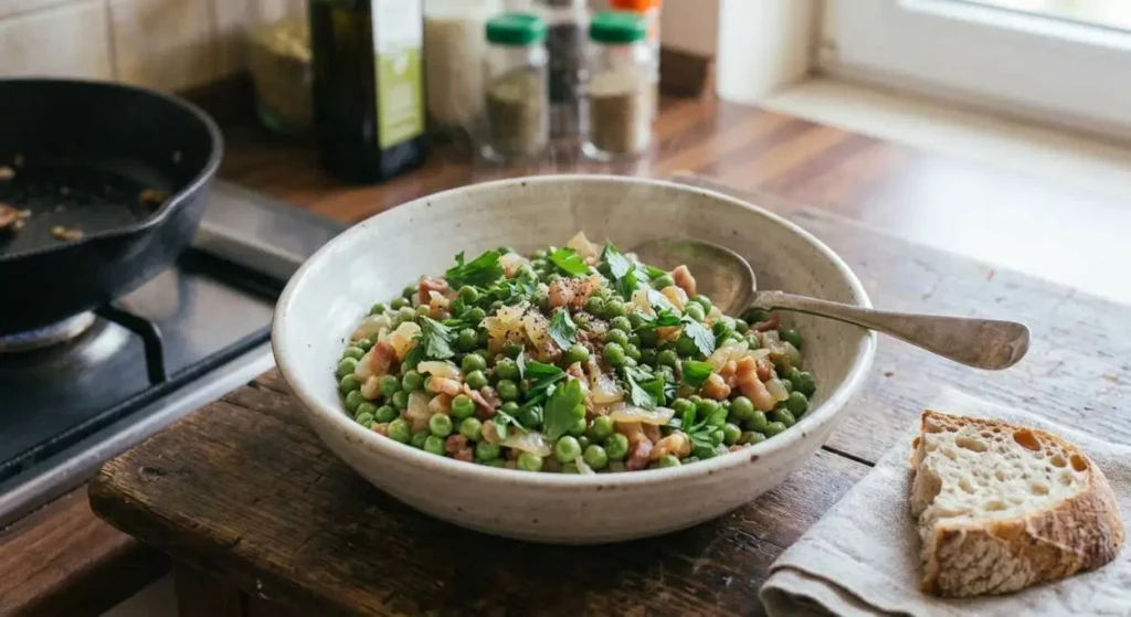 Un piatto fondo bianco con una porzione di piselli e dadini di pancetta affumicata pronti da servire, accompagnati da fette di pane rustico su una tavola in legno.