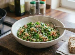 Contorno di piselli e pancetta pronto da servire Un piatto fondo bianco con una porzione di piselli e dadini di pancetta affumicata pronti da servire, accompagnati da fette di pane rustico su una tavola in legno.