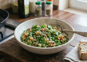 Un piatto fondo bianco con una porzione di piselli e dadini di pancetta affumicata pronti da servire, accompagnati da fette di pane rustico su una tavola in legno.