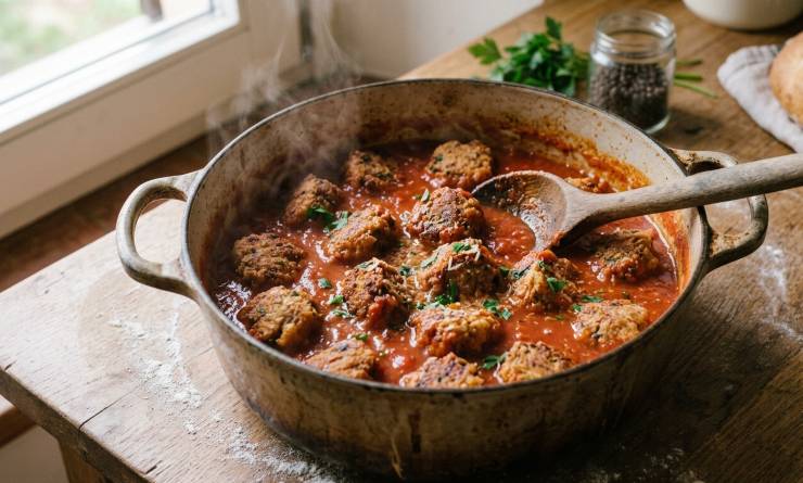 In una casseruola piuttosto capiente mettete due cucchiai di olio di oliva e fate soffriggere la cipolla tritata finemente. Aggiungete la passata di pomodoro e, non appena raggiunge il bollore, aggiungete le polpette. Fate cuocere per almeno 30 minuti, girate delicatamente le polpette a metà cottura e eventualmente aggiustate di sale poco prima del termine della cottura. Servite le polpette ben calde.