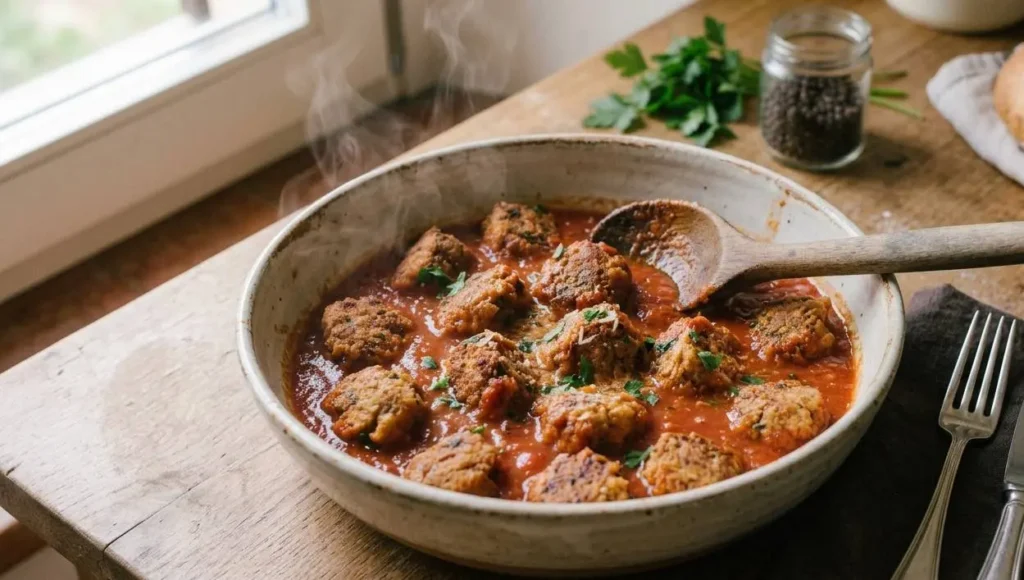 Polpette al sugo di pomodoro calde e fumanti servite in una ciotola di ceramica rustica con posate su un tavolo di legno.