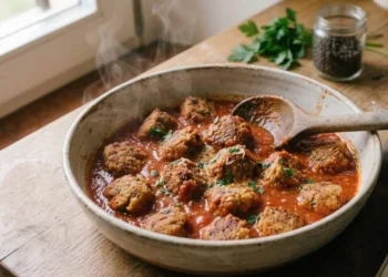 Polpette al sugo di pomodoro calde e fumanti servite in una ciotola di ceramica rustica con posate su un tavolo di legno.
