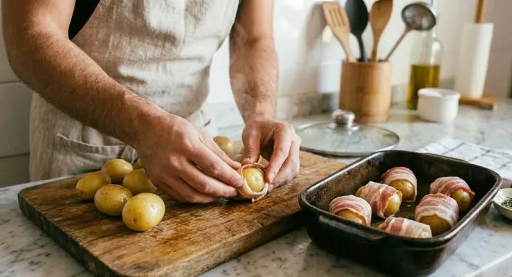 Prendete le fette di pancetta, preferibilmente tagliate non troppo sottili, e arrotolatene una intorno a ciascuna patata. Disponete i bocconcini di patate e pancetta in una teglia da forno unta di olio o rivestita di carta forno e infornate a 200 °C per 5-10 minuti.