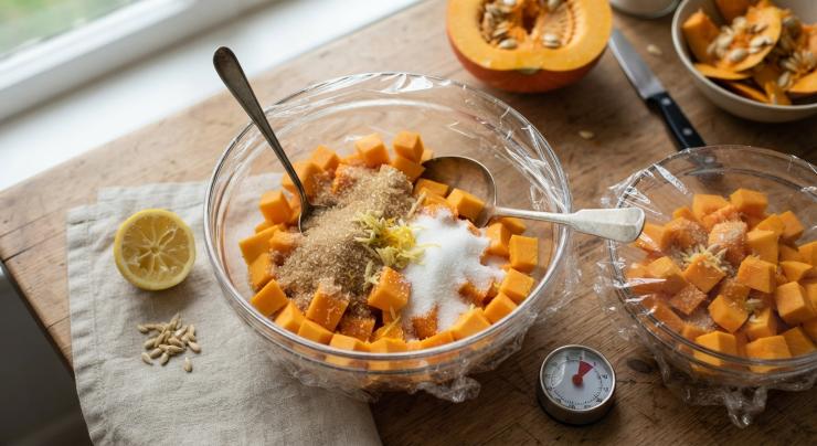 Pulite la zucca eliminando oltre che la buccia esterna anche i semi e i filamenti interni. Tagliatela a pezzettini, lavatela bene e mettetela in una ciotola capiente. Versate al suo interno anche lo zucchero di canna, lo zucchero semolato e il succo di mezzo limone. Mescolate il tutto rapidamente, coprite con della pellicola da cucina e fate riposare per almeno tre ore.