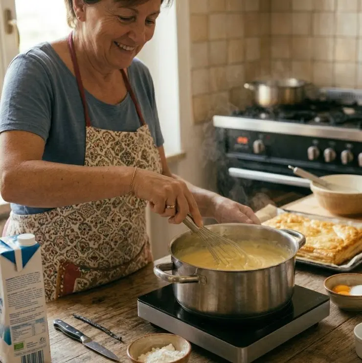 Preparate la crema lavorando i tuorli con lo zucchero fino ad ottenere una consistenza cremosa e unendo prima la farina, a poco alla volta, poi la vanillina e infine il latte caldo. Mescolate bene, mettete la crema sul fuoco e portate ad ebollizione continuando a mescolare fino a quando la crema non avrà raggiunto la giusta densità. In genere bastano cinque minuti.