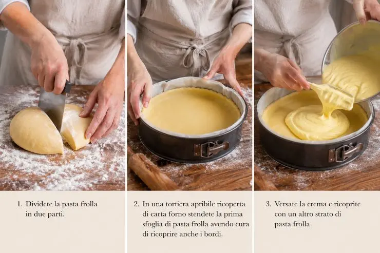 Dividete la pasta frolla in due parti. In una tortiera apribile ricoperta di carta forno stendete la prima sfoglia di pasta frolla avendo cura di ricoprire anche i bordi. Versate la crema e ricoprite con un altro strato di pasta frolla.