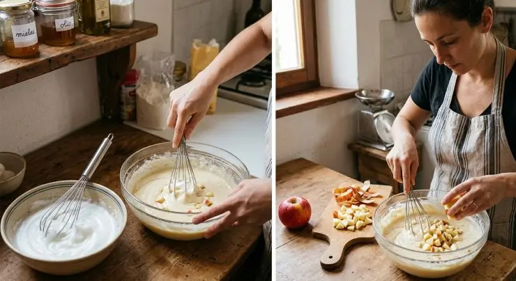 Montate gli albumi a neve ferma e uniteli al composto di latte, miele e olio. Unite i due composti e mescolate accuratamente aiutandovi con una frustra o con un mestolo di legno. Sbucciate la mela, tagliatela a pezzettini piccoli e aggiungetela al composto, avendo cura di mescolare bene.
