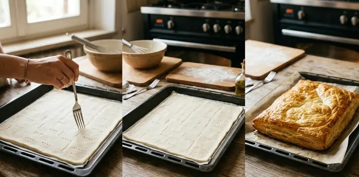 Stendete la pasta sfoglia su una placca da forno, bucherellatela con una forchetta e fatela cuocere a 200°C per 15 minuti circa, o comunque fino a quando non risulta dorata. Una volta cotta tiratela fuori dal forno e lasciatela raffreddare.