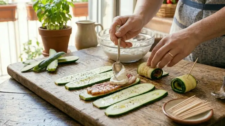 Su una spianatoia ponete le fette di zucchine e adagiate su ciascuna di esse una fetta di pancetta, dopodichè spalmate un cucchiaino di robiola. Arrotolate le fette di zucchine e fermatele con uno stuzzicadenti. Ponetele in un unico piatto da portata oppure nei singoli piatti dei commensali. In quest’ultimo caso ne consiglio tre per ciascun piatto.