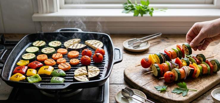 Su una bistecchiera, preferibilmente in ghisa, grigliate i pezzetti di verdure e eventualmente anche i pomodorini interi (a seconda dei gusti possono essere inseriti negli spiedini anche crudi). Una volta che tutte le verdure sono cotte inseritele negli spiedini alternandole. Adagiate gli spiedini su un piatto da portata e, con l’aiuto di un cucchiaino, conditeli con qualche goccia di olio aromatizzato al prezzemolo e aglio.