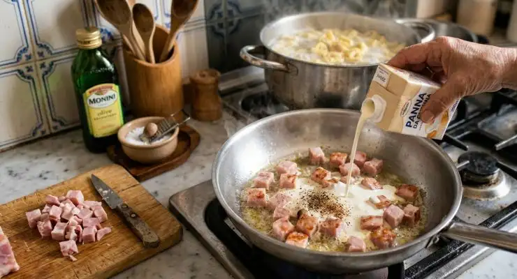 Nel frattempo tagliate il prosciutto cotto a dadini. In una padella capiente fate sciogliere il burro, aggiungete i dadini di prosciutto cotto e fateli rosolare leggermente, dopodiché unite la panna, un pizzico di noce moscata, il pepe e aggiustate di sale.
