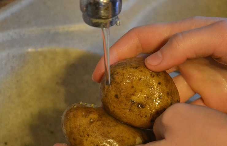 Lavate bene le patate e mettetele all’interno di una pentola. Riempite con dell’acqua in modo tale che le patate risultino completamente immerse e fatele bollire fino a quando non sono completamente cotte. Per verificare la cottura potete inserire all’interno uno stuzzicadenti o la punta di un coltello: se affonda completamente senza fatica le patate sono cotte.