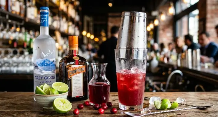 Mettete all’interno di uno shaker il ghiaccio spezzettato e versate, nell’ordine, la Vodka, il Cointreau, il succo di lime e il succo di mirtillo rosso. Shakerate bene fino a quando lo shaker non risulta ben ghiacciato.