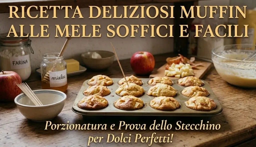 Foto di copertina per ricetta con testo 'Ricetta Deliziosi Muffin alle Mele Soffici e Facili'. Sul tavolo in legno in primo piano c'è una teglia di muffin appena sfornati con uno stecchino infilato, circondata da mele fresche, un barattolo di miele, farina e una ciotola con l'impasto.