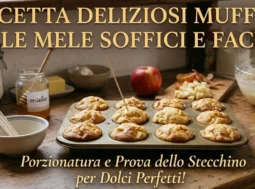 Foto di copertina per ricetta con testo 'Ricetta Deliziosi Muffin alle Mele Soffici e Facili'. Sul tavolo in legno in primo piano c'è una teglia di muffin appena sfornati con uno stecchino infilato, circondata da mele fresche, un barattolo di miele, farina e una ciotola con l'impasto.