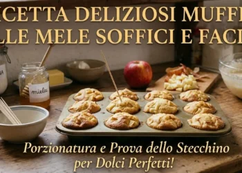 Foto di copertina per ricetta con testo 'Ricetta Deliziosi Muffin alle Mele Soffici e Facili'. Sul tavolo in legno in primo piano c'è una teglia di muffin appena sfornati con uno stecchino infilato, circondata da mele fresche, un barattolo di miele, farina e una ciotola con l'impasto.