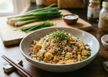 n piatto di Riso alla Cantonese pronto per essere servito: mounded in una ciotola di ceramica grigia su un tavolo di legno, con riso, prosciutto a cubetti, piselli, uova strapazzate e una guarnizione di cipollotto fresco.