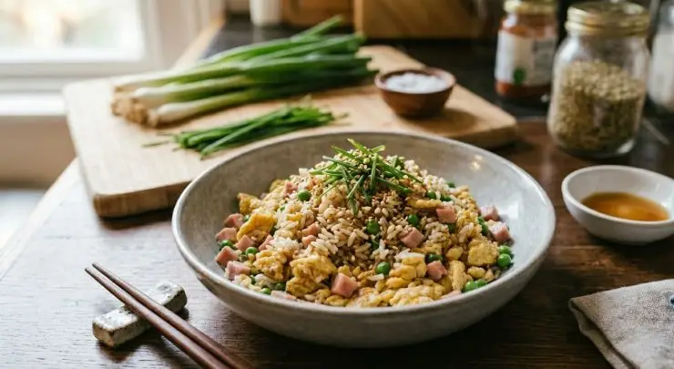 Riso alla Cantonese: il piatto finito pronto da gustare n piatto di Riso alla Cantonese pronto per essere servito: mounded in una ciotola di ceramica grigia su un tavolo di legno, con riso, prosciutto a cubetti, piselli, uova strapazzate e una guarnizione di cipollotto fresco.