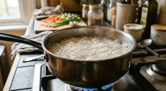 Mettete sul fuoco una pentola di acqua salata in cui farete cuocere il riso. Nel frattempo mettete a bollire i piselli e tagliate il prosciutto cotto a dadini.