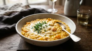 Un piatto di risotto alla zucca cremoso servito in una ciotola di ceramica con parmigiano e prezzemolo fresco.