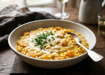 Un piatto di risotto alla zucca cremoso servito in una ciotola di ceramica con parmigiano e prezzemolo fresco.