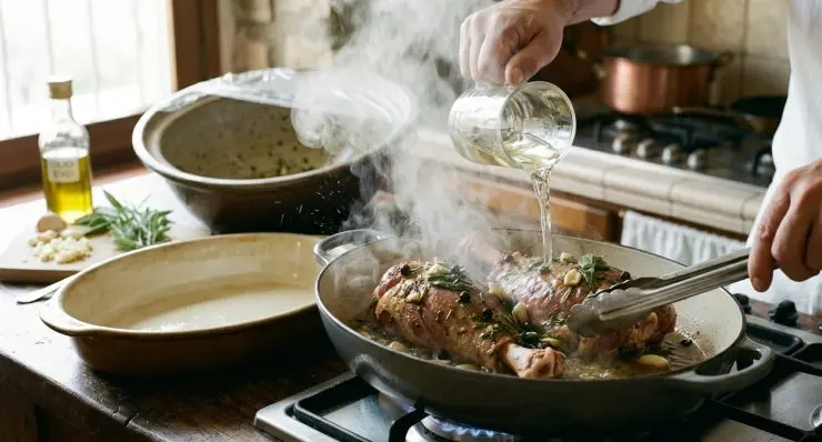 Trascorso il tempo necessario, prelevate gli stinchi e fateli rosalare bene all’interno di un tegame, eventualmente aggiungendo prima un altro cucchiaio di olio. Sfumate con un bicchiere di vino bianco, salate e trasferite il tutto in una pirofila da forno.