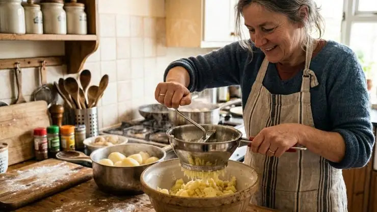 Una volta che le patate sono cotte sbucciatele e schiacciatele con uno schiacciapatate o un passaverdure. Fate in modo che la purea di patate vada a finire in una ciotola in cui avrete già messo il burro tagliato a pezzetti.