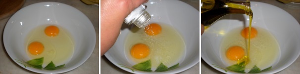 Mettete a cuocere il riso in abbondante acqua salata. Nel frattempo rompete le uova in una terrina, unite un pizzico di sale e l’olio extravergine di oliva.