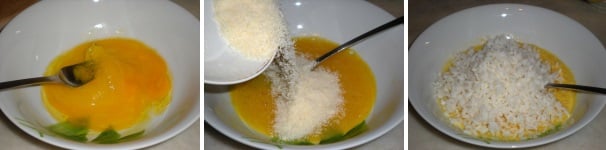 Sbattete le uova con una forchetta, aggiungete due cucchiai di grana grattugiato e mescolate. Unite il riso lessato e ben scolato.