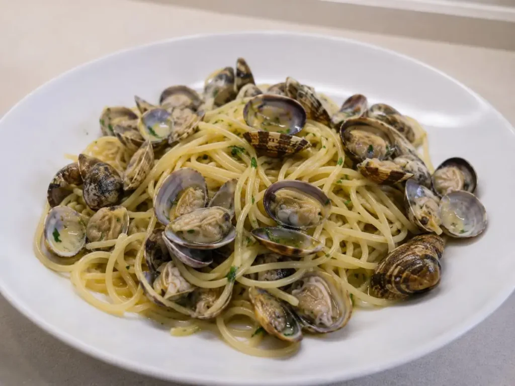 Spaghetti alle vongole impiattati pronti da servire Piatto di spaghetti alle vongole servito in un piatto bianco con prezzemolo fresco