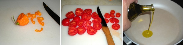 Mettete sul fuoco una pentola con abbondante acqua di cottura e portatela ad ebollizione. Nel frattempo tagliate a fettine sottili parte del peperoncino fresco piccante eliminando i semi. Lavate ed asciugate i pomodori ciliegini. Eliminate la parte superiore del picciolo e tagliateli a metà. Versate l’olio extravergine di oliva in una padella antiaderente e fatelo scaldare leggermente.