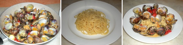 Scolate gli spaghetti e distribuiteli nei piatti. Ricopriteli con le vongole veraci aperte insieme ai ciliegini ed al loro fondo di cottura. Servite subito in tavola ben caldo.