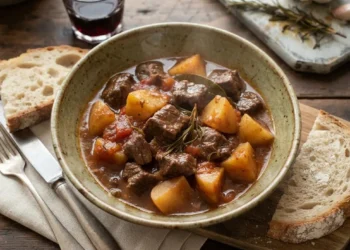 Piatto fumante di spezzatino di carne con patate e sugo denso, servito con pane casereccio
