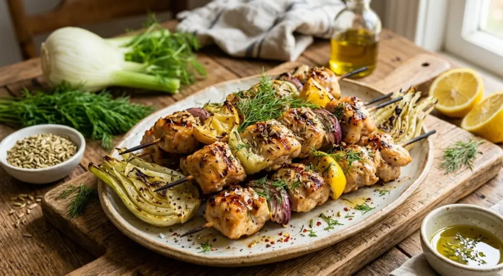 Il segreto del finocchio per spiedini di pollo aromatici Spiedini di pollo grigliati conditi con semi di finocchio, fette di finocchio fresco e limone su un tagliere di legno.