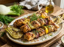 Spiedini di pollo grigliati conditi con semi di finocchio, fette di finocchio fresco e limone su un tagliere di legno.