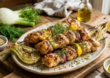 Spiedini di pollo grigliati conditi con semi di finocchio, fette di finocchio fresco e limone su un tagliere di legno.